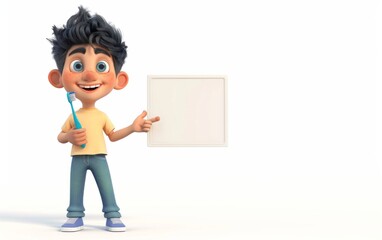 3D cartoon character of a smiling ten-year-old boy holding a toothbrush with his left hand and pointing with his right hand to a white board next 