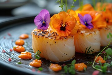 Obraz na płótnie Canvas Plate of scallops topped with edible flowers