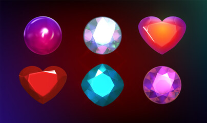 Diamonds colorful set.  Jewelry 3d collection. Diamonds in the form of a circle, heart, rhombus on a dark background. Vector illustration. Eps 10