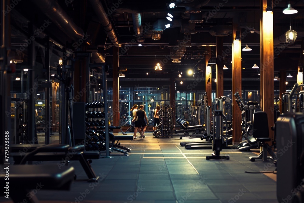 Poster a crowded gym filled with people actively using various exercise machines, a snapshot of life inside