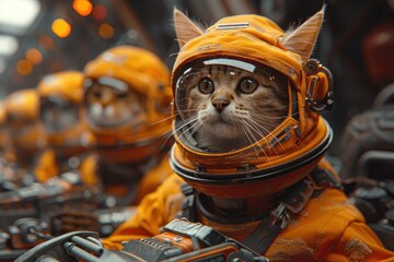 Cat in orange space suit and helmet