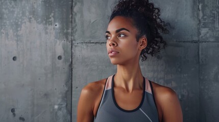 Healthy young woman preparing for a run. Fit female athlete ready for a spring over grey background with copy space