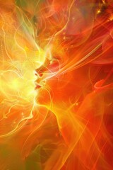 Passionate Embrace: Abstract Fiery Kiss with Ethereal Forms in Warm Hues and Sparkling Accents