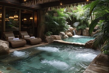 Expansive indoor swimming pool with waterfall