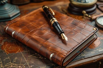 Luxe fountain pen on leather journal