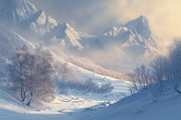 A breathtaking snow-covered mountain dominates the scene, as trees in the foreground provide contrasting green hues, A snowy mountainside under the soft light of sunrise, AI Generated - Powered by Adobe