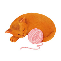 A composition a ginger kitten curled up asleep beside a pink yarn skein, for greeting cards, children's book illustrations, or pet-themed designs. Watercolor illustration