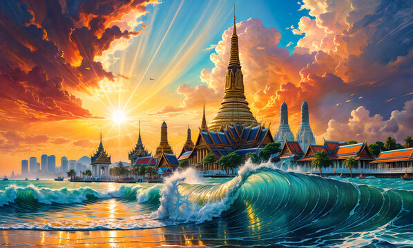 Grand palace and Wat phra keaw at sunset the high seas storm high waves colored ink