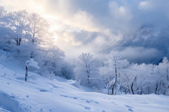 A landscape photo featuring a snow-covered mountain surrounded by trees and with clouds in the background, A snowy mountainside under the soft light of sunrise, AI Generated