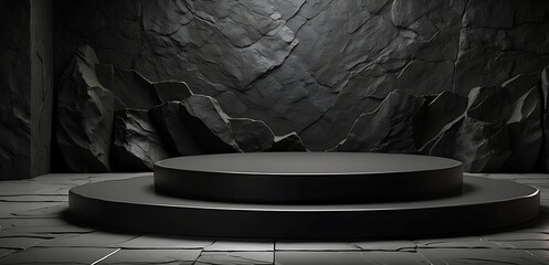 Black marble podium on black marble background. 3d render