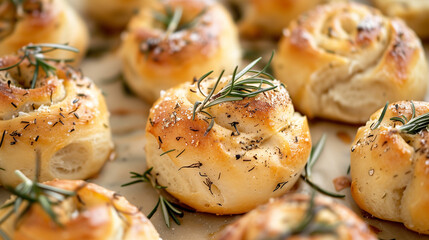 "Rosemary Infused Baked Rolls"
Freshly baked rolls topped with rosemary sprigs and seasonings, exuding a warm, aromatic fragrance on parchment.