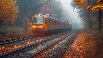 Fototapeta premium On a misty autumn morning, a passenger electric train operates.
