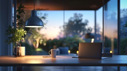 Modern home office room with laptop computer and copy space on working desk over blurred outdoor view at night in the background. 3d rendering, 3d illustration