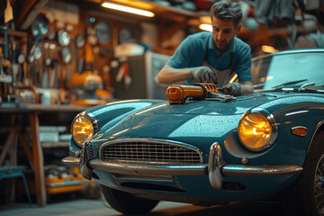 Man restoring vintage car in garage - obrazy, fototapety, plakaty