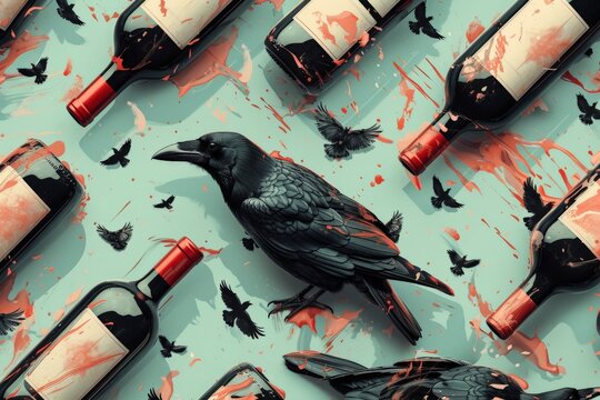 A crow perched on a wine bottle amidst a gathering of bottles and birds in a whimsical display