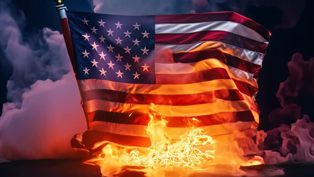 United States of America flag burning in the dark with smoke and flames, USA vs China Flag on fire, AI Generated