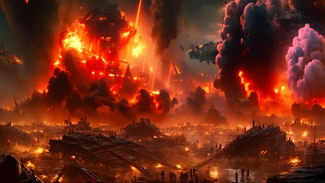 War scene with burning city and flying ships. 3D rendering, war in future, AI Generated