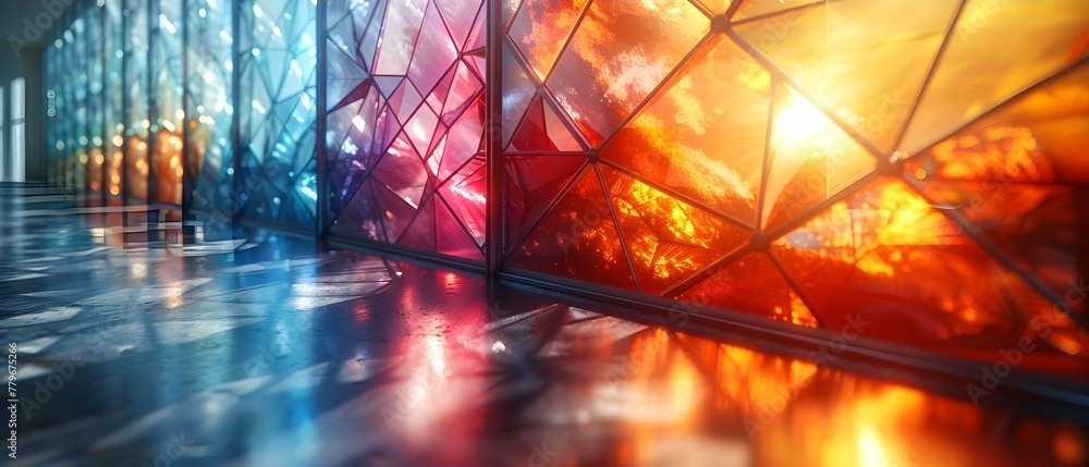 Poster refracted light creates colorful spectrum reflections on geometric objects. concept light reflection
