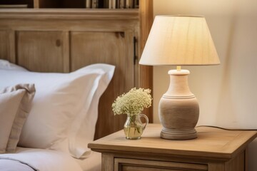 Rustic bedside table lamp near bed with wood headboard. Provence interior design of modern bedroom.