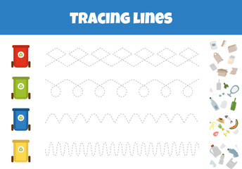 Outline The Line From Trash Bins To Garbage, A Worksheet For Tracing Lines For Preschoolers Aged 4-6 Years
