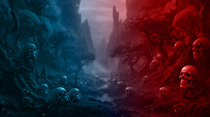 Fototapeta na wymiar A mountain of Skull with blue and red color, Illustration