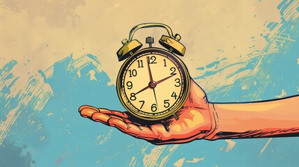 Photo cartoon comics sketch picture of arm palm classic vintage clock isolated blue beige painted background - obrazy, fototapety, plakaty