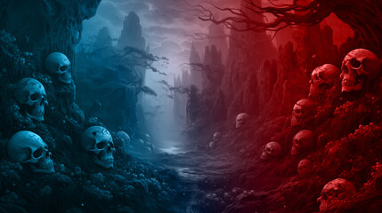 A mountain of Skull with blue and red color, Illustration