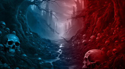 A mountain of Skull with blue and red color, Illustration