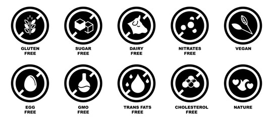 Allergen free label collection for food and drinks. Gluten, sugar, dairy, nitrates, egg, gmo, trans fat, cholesterol free symbols. Free allergy ingredient stamp icons in black. Allergen free icons - obrazy, fototapety, plakaty