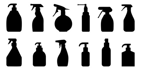 Black disinfectant spray bottle silhouette on a white background. Set of bottle silhouettes of cleaning products. Set of spray bottle icon. Sprayer cleaner silhouette