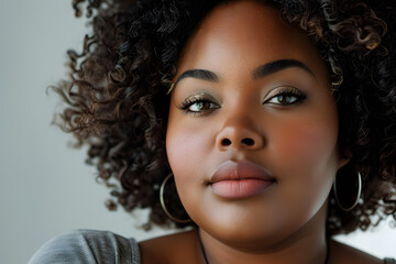 Close up portrait of young beautiful Plus size Haitian Dominican woman isolated on a white background - obrazy, fototapety, plakaty