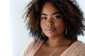 Close up portrait of young beautiful Plus size Haitian Dominican woman isolated on a white background - obrazy, fototapety, plakaty