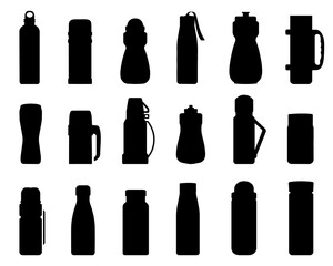 Black thermos bottle silhouette collection. Thermos, bottle, thermal vessel. Set of thermoses for tea and hot liquids. Large and small thermoses silhouette