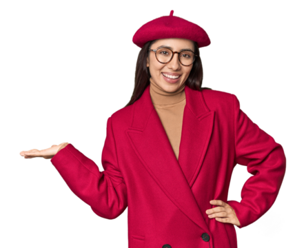 Stylish young Caucasian woman in red trench coat and beret on studio background showing a copy space on a palm and holding another hand on waist.