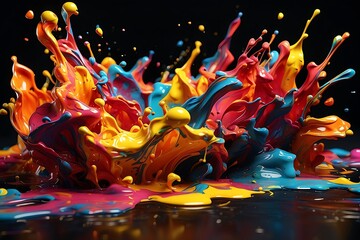 colorful paint splashes isolated on black background. 3d render