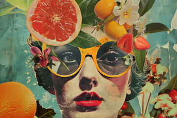 Abstract artistic tropical fruit collage portrait illustration - obrazy, fototapety, plakaty