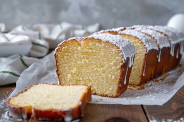Vanilla pound cake with sugar glaze on paper