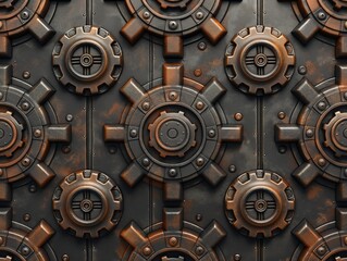 The image is a close up of a metal surface with many gears and bolts. Scene is industrial and mechanical, with a sense of wear and tear from the rust and age of the gears