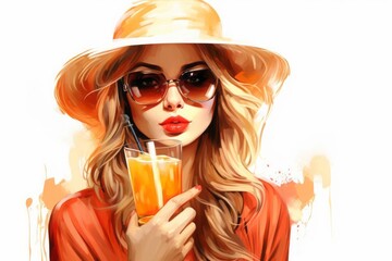 Young woman in glasses and a hat drinks a cocktail from a straw
