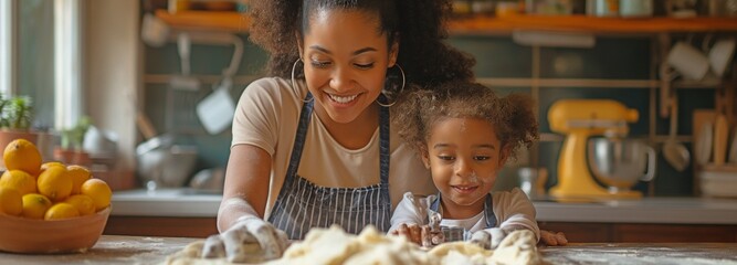 In the kitchen, mother and daughter work together to prepare dough for their favourite family recipes. - obrazy, fototapety, plakaty
