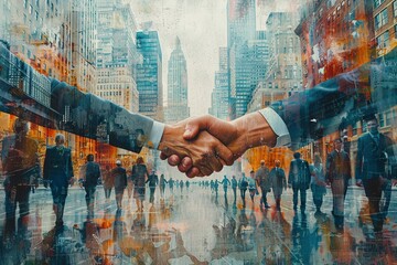 A panoramic double exposure composition showcasing a sequence of handshakes between smiling business people in tailored suits, representing successful teamwork and unity,