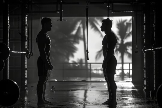 Two men standing together in a gym