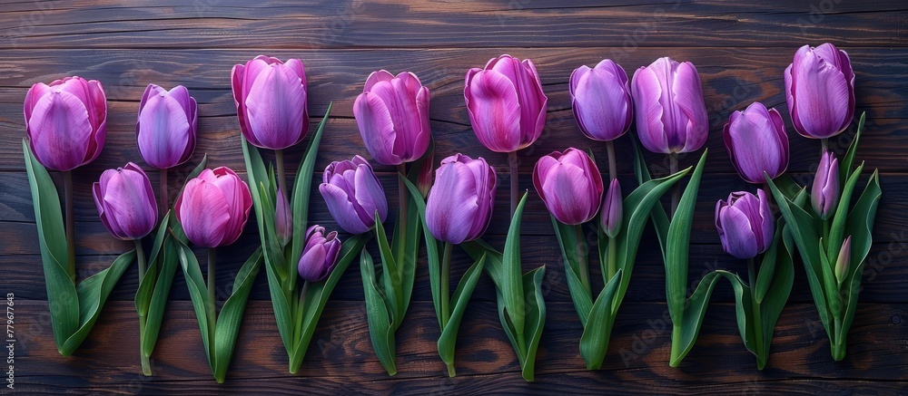 Canvas Prints a row of purple tulips is elegantly displayed on a wooden table, their vibrant petals standing out a