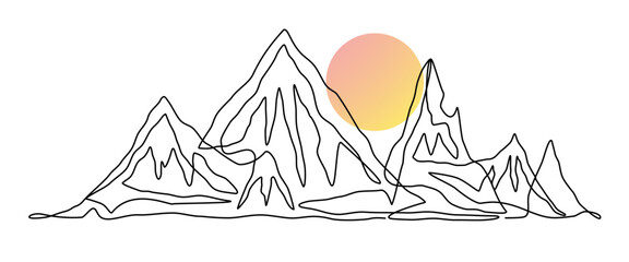 Single continuous line art illustration of mountain range with a soft gradient sun rising in the background. The simple black line with the pastel toned sun conveys a serene morning