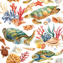 Reef, Cute seamless pattern turtles, crab, coral. Marine background. Watercolor illustration design wrapping, textile