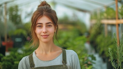 an image of a female in a greenhouse - obrazy, fototapety, plakaty