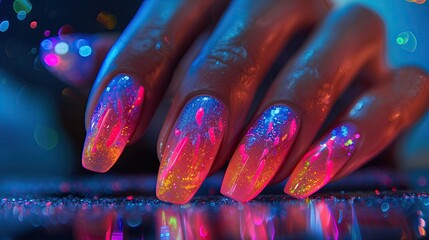 Female hand with long nails and bright neon manicure on a dark background. - obrazy, fototapety, plakaty