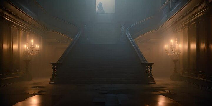 As the fog settles, a symmetrical staircase beckons with its handrail glowing in the light, leading towards the unknown depths of the building on a shadowy night 4K Video
