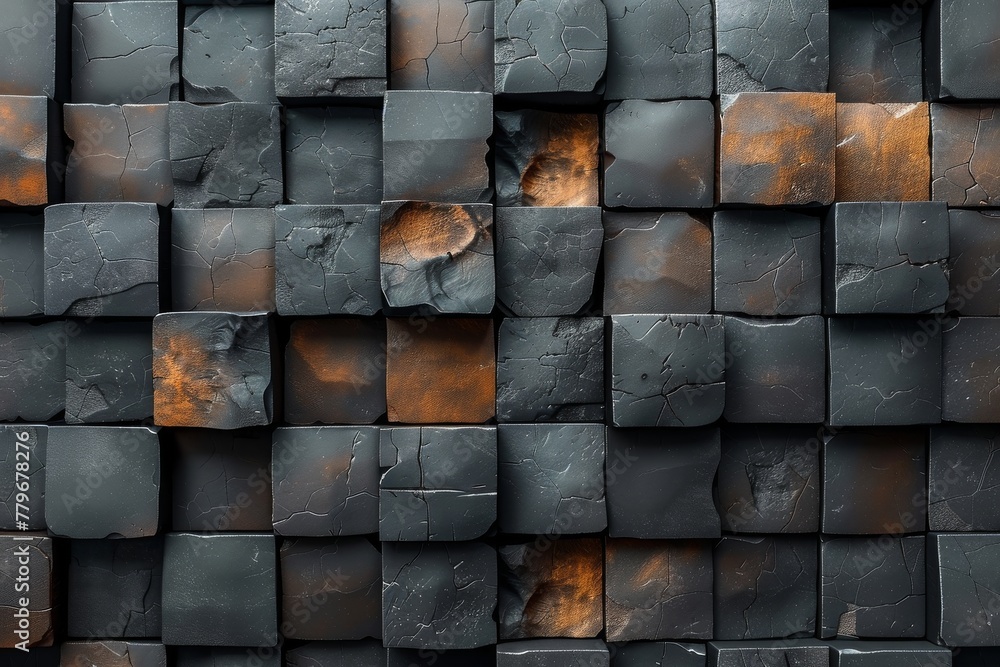 Poster this image captures a close-up view of a rustic dark stone wall with warm terracotta accents adding 