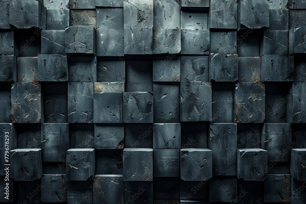 Poster a close-up of stacked black textured cubes with intricate detailing and sporadic metallic hints